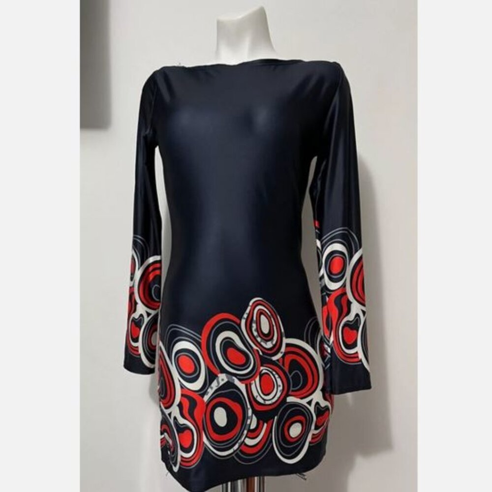 NWOT Navy Blue Geometric Red Tan Dress Stretch Mini Size S
